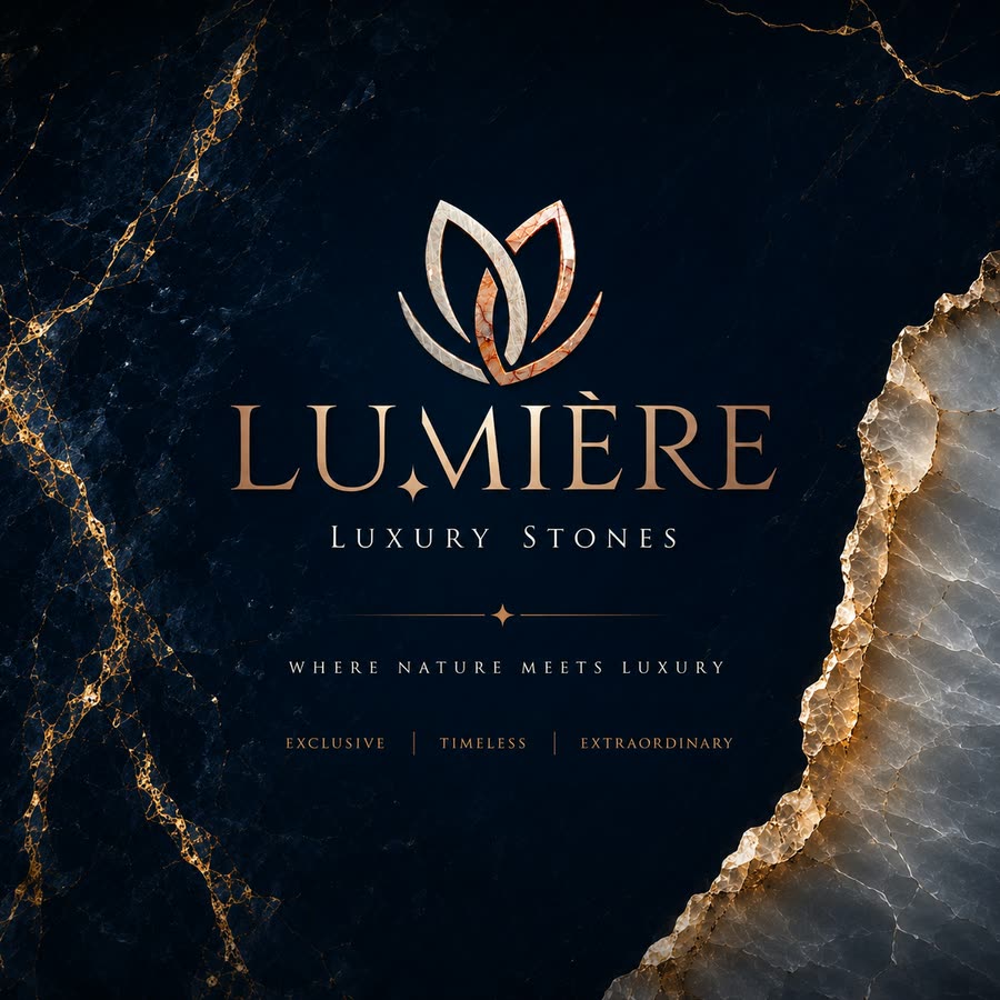 A square Lumiere Luxury Stones brand card on a deep navy stone-textured ground threaded with gold veining, with a pale gold and white veined crag at the right, a stylised lotus mark and the taglines Where Nature Meets Luxury and Exclusive, Timeless, Extraordinary.