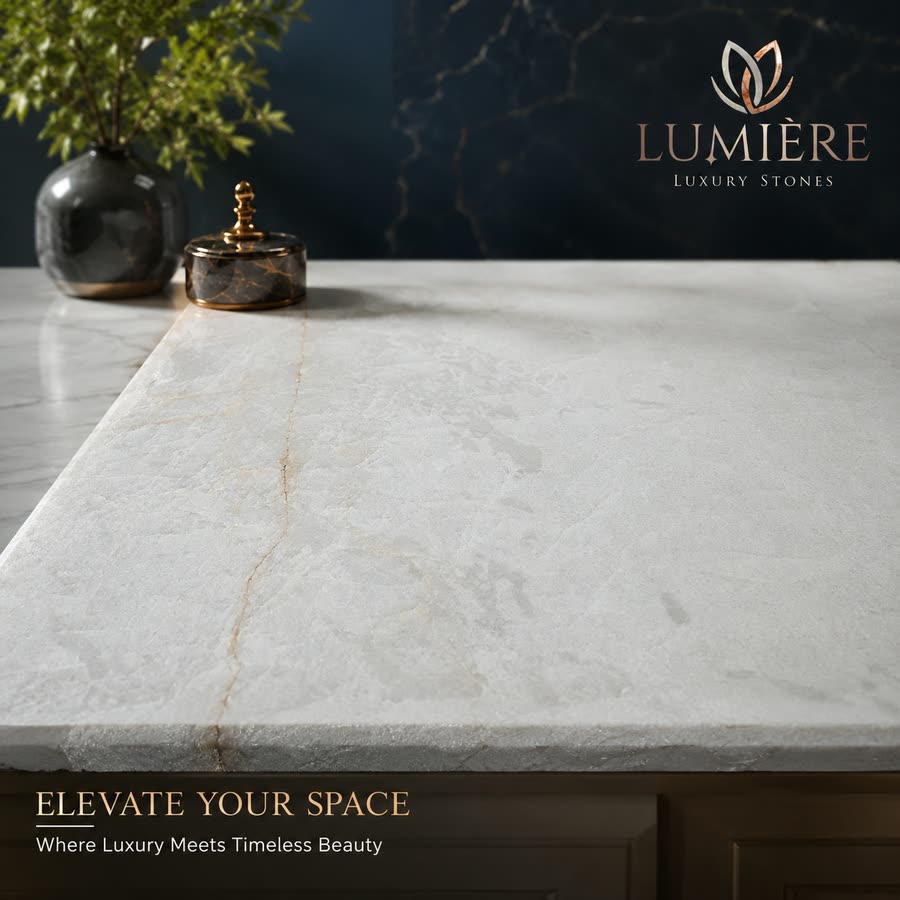 A pale, lightly veined stone countertop lit from the left, with a dark glass vase of greenery and a small lidded stone jar at the back, against a dark veined wall.