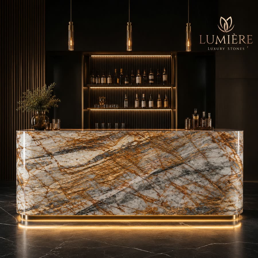 Branded graphic showing a bar counter clad in white stone with dense gold and rust veining, lit from beneath by a brass plinth, with three pendant lights and backlit bottle shelving behind, and the Lumiere Luxury Stones wordmark in the upper right.