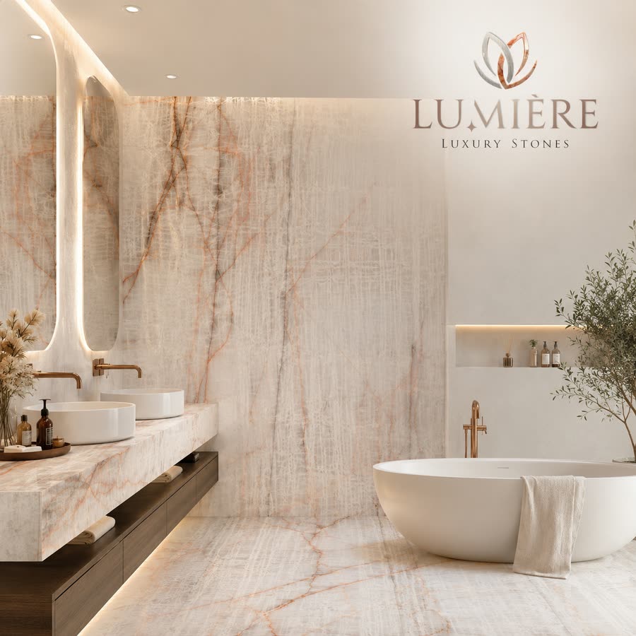 A bright bathroom rendered in warm neutrals: a floating stone-clad vanity with two round basins and brushed brass taps on the left, a tall backlit mirror, a large feature wall of pale stone with fine rust-orange veining, and a freestanding oval tub with a draped towel and an olive tree on the right. A lotus logo and wordmark sit in the upper right.