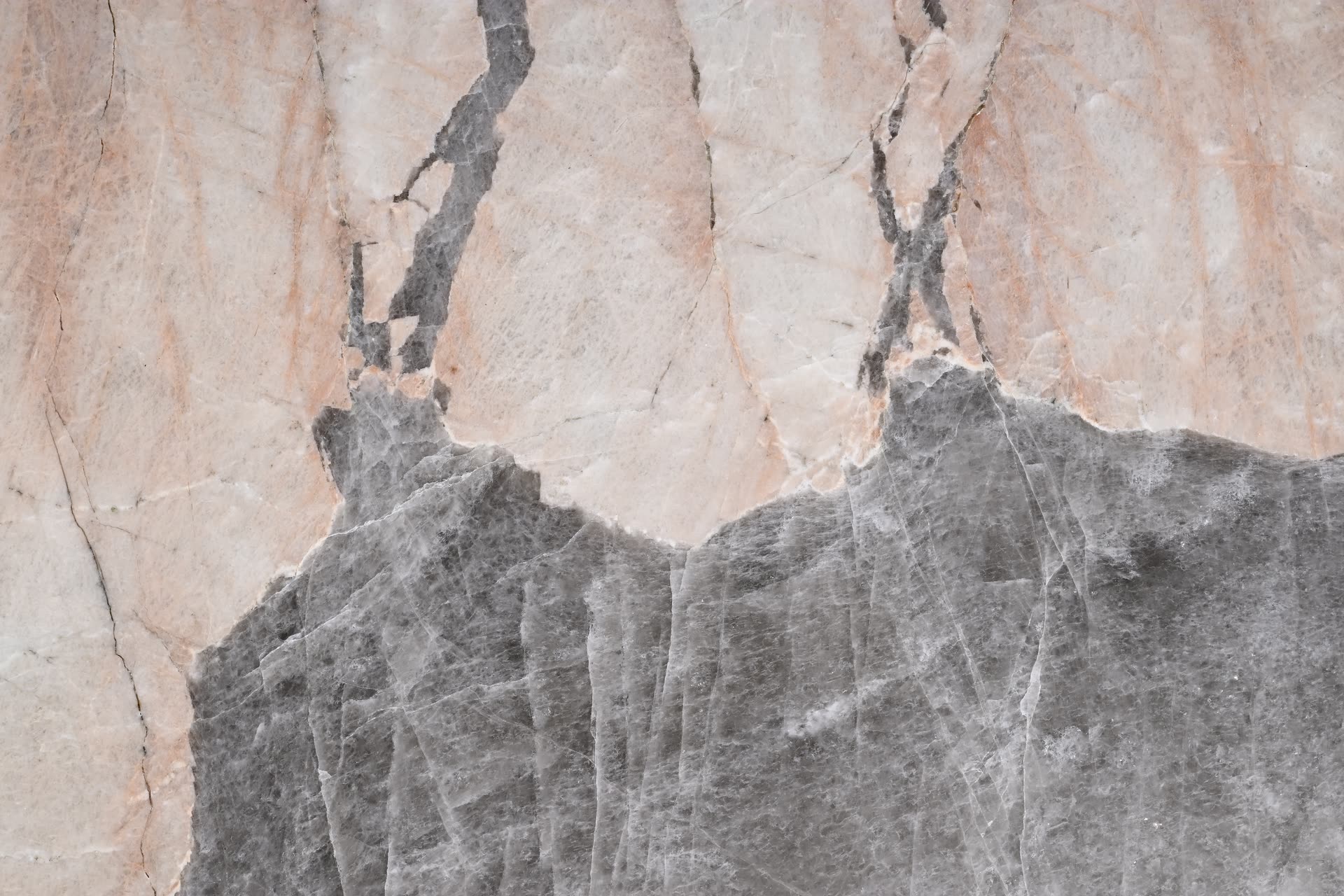 Patagonia, close: pale pink and cream stone meeting a darker grey crystalline mass along a jagged boundary.
