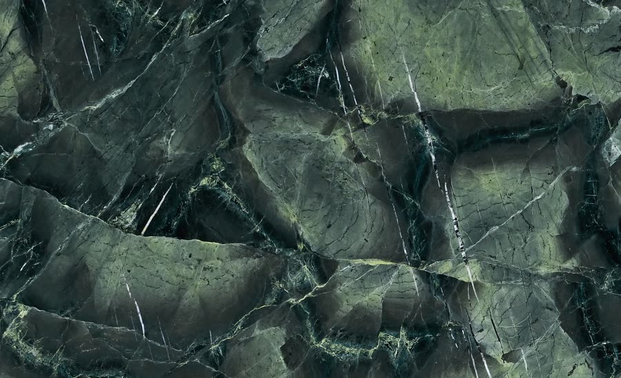 Lotus Green — close view of the stone surface. Deep green with grey-white movement.